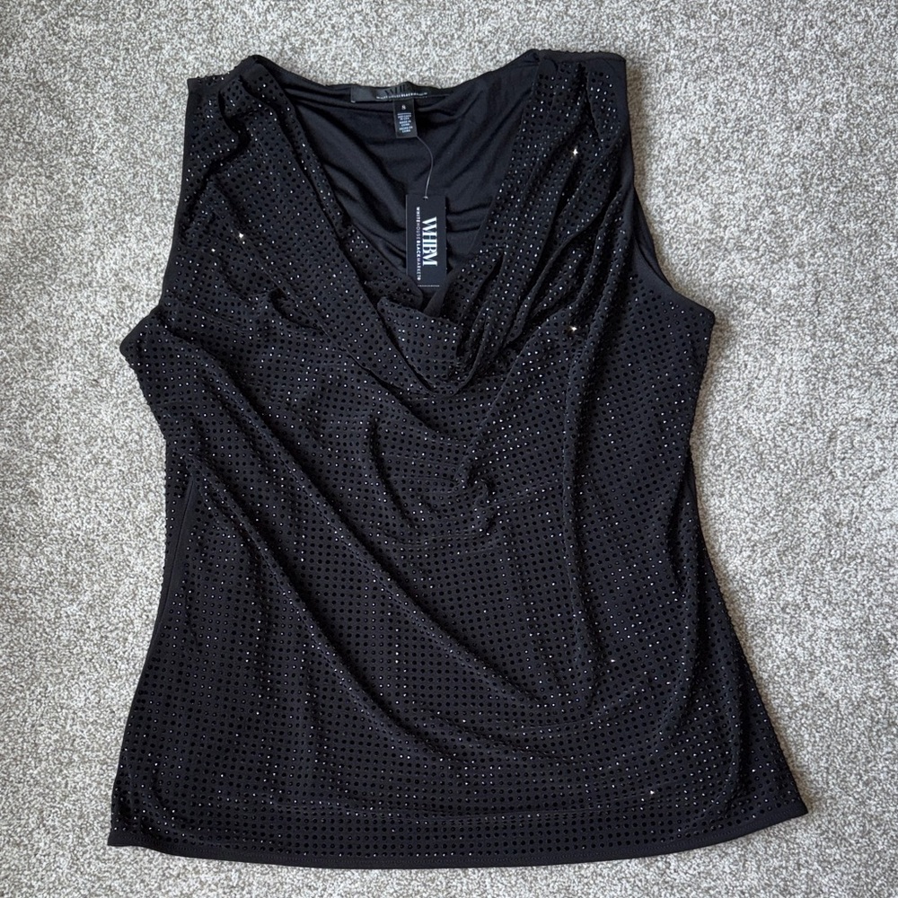 WHBM sleeveless rhinestone lined drape neck top cowl black small holiday NWT